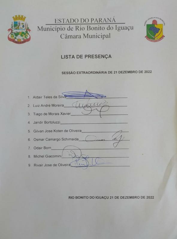 Lista de Presença dos vereadores no dia 21 de dezembro de 2022